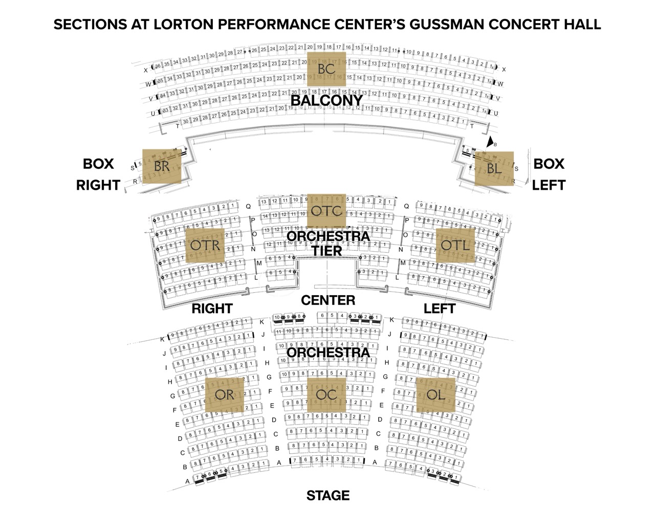 A graphic of the seating in the Gussman Concert Hall at the Lorton Performance Center. 